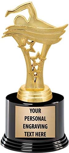 Crown Awards Swim Trophies with Custom Engraving, 7.25" Personalized Gold Star Swimmer Award Trophy On Deluxe Round Base Prime