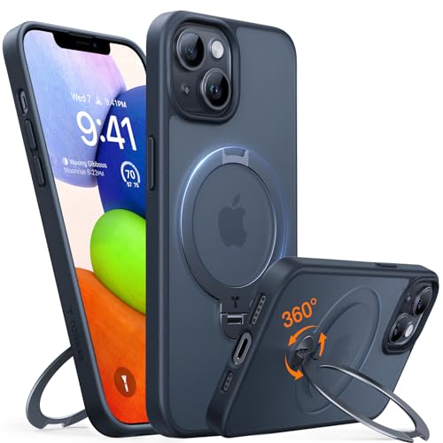 TORRAS Upgraded Ostand 360° Spin Magnetic for iPhone 13 Case/iPhone 14 case, [Military Grade Shockproof][Compatible with MagSafe][Build in Kickstand] Translucent Slim Back Soft Edge, Black