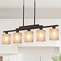 Dining Room Light Fixture/Chandelier Over Table, 5-Light Kitchen Island Lighting Hanging for Farmhouse Matte Black Linear Chandeliers Rustic Solid Wood Ceiling Pendant Light Fixture Linen Shade