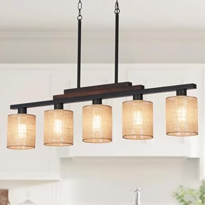 Dining Room Light Fixture/Chandelier Over Table, 5-Light Kitchen Island Lighting Hanging for Farmhouse Matte Black Linear Chandeliers Rustic Solid Wood Ceiling Pendant Light Fixture Linen Shade