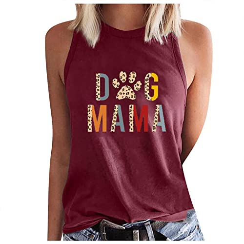 Dog Mom Shirt Funny Mother's Day T Shirts Cute Paw Graphic Halter Baseball Softball Vest Mama Letter Printed Tank Tops Cat Mom Shirts Casual Workout Tee Shirt Plus Size Mama Tees Tops Loose T-Shirt #TOP20
