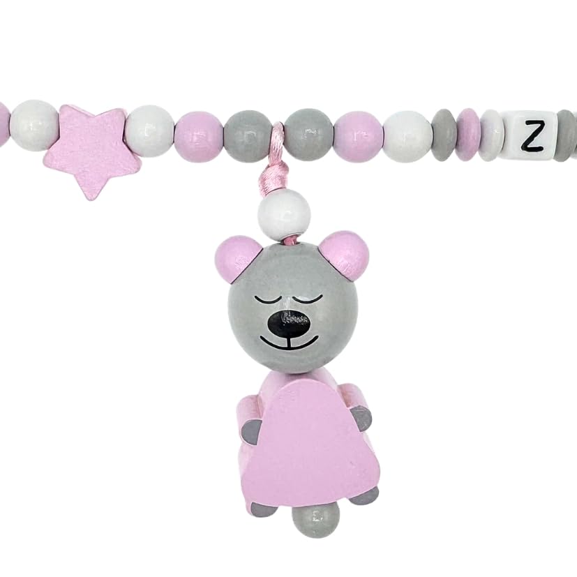 Set Nuckelkette + Kinderwagenkette mit Namen " BÄR/TEDDYBÄR " Hellgrau Rosa Weiß/Baby/Unisex/Personalisiert/HANDMADE