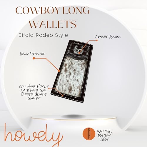 Men’s Long Leather Wallet – Hand Tooled Brown Rodeo Bifold with Hair-On Cowhide and Silver Longhorn Concho – Western Checkbook Wallet for Cowboys & Ranch Gifts4