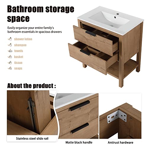 Beingnext 30 Inch Floor Standing Bathroom Vanity, Vanity With 2 Drawers And 1 Shelf, 30'' Freestanding Bathroom Vanity With Sink, White Ceramic Basin Sink Top (Imo-010, 30''W X18''D) #TOP3