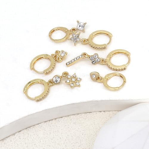 14k Gold Huggie Dangle Hoop Earring Set for Women,Dainty Asymmetrical Zircon Cartilage Multiple Piercing Studs Earrings Prom Jewelry Gifts2