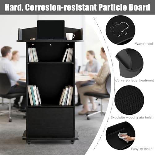 Podium Stand Portable with Wheels, Classroom Lectern for Teacher with Adjustable Storage Shelf, Mobile Rolling Church Pulpits, Office Wooden Reception Desk, Host Stand for School Conference（Black） - Thumbnail 6