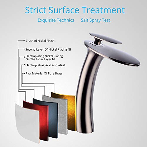 Wovier Brushed Nickel Waterfall Bathroom Sink Faucet With Supply Hose,Single Handle Single Hole Vessel Lavatory Faucet,Slanted Body Basin Mixer Tap Tall Body Commercial #TOP3