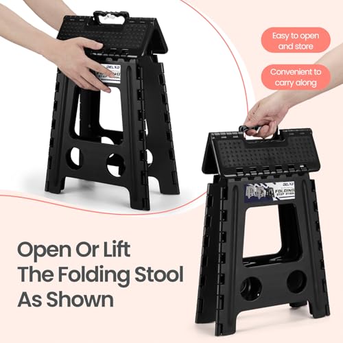 Image of Delxo Folding Step Stool 16 Inch,Non-Slip Foldable Stools for Adults Up to 300 LBS,Kitchen Collapsible Fold Up Stepping Stool with Dotted 1 Pack,Black