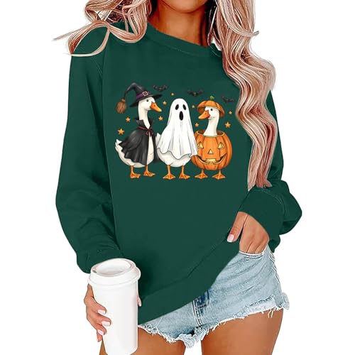 Skull Shirts for Women Halloween Cute Boo Long Sleeve Spooky Classic Shirt Casual Witch Thanksgiving Tops Teen Girls Pumpkin Family Carnival Matching Costume Zombie T Shirts, Green, XL