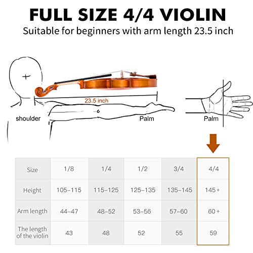Violin 4/4 Full Size,Kmise Solid Wood Fiddle for Adults Beginners Students Kids,with Hard Case with Hygrometer,Violin Bow,Shoulder Rest,Rosin,Extra Strings