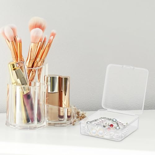 Image of TEHAUX Clear Plastic Storage Box with Hinged Lid Small Organizer for Jewelry Beads Craft Supplies 2.95 X 2.83 X 0.94 Inch Stackable Mini Container for Home Office