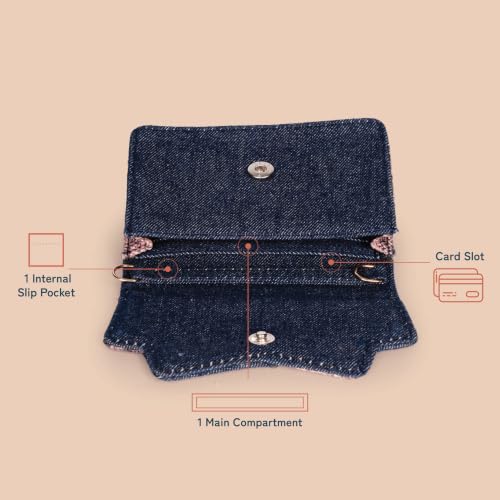 Image of ZOUK Tovi Mini Bag Wallet | Stylish Vegan Denim Crossbody Wallet for Women with Card Slots & Water-Resistant Lining | Handcrafted Small Sling Bag with Silver Chain Strap | Auroville Amethyst