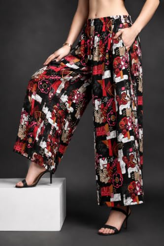 Image of Viscose Rayon Flared Printed Plazzo Palazzo Pants, Loose /Relaxed Fit Regular, Office Wear, Casual Wear Comfortable, Trouser Pants for Girls & Women Black Kerri Design (S to 3XL Size)