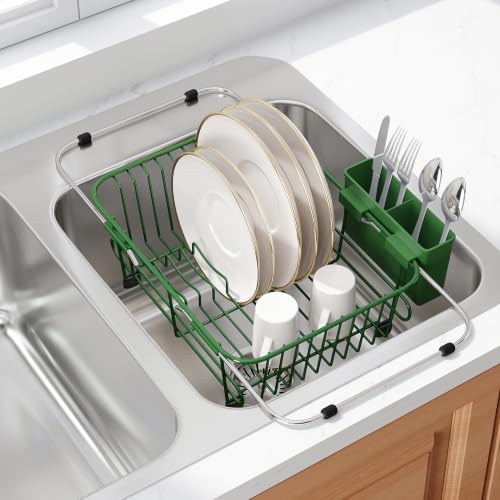 Image of JASIWAY Green Dish Drying Rack in Sink with Utensil Holder, RV, Apartment