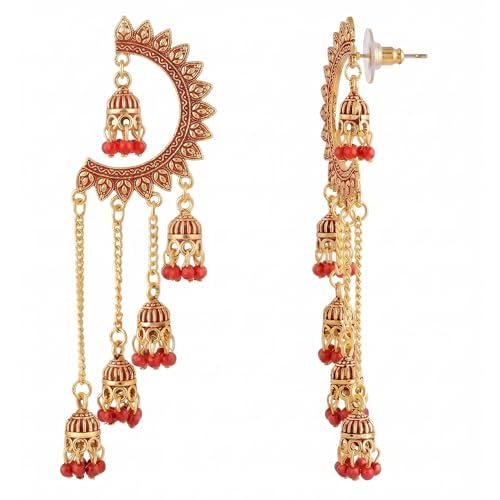 Image of WORLD CRAZE Multicolour long kashmiri jhumka for women chandbali earrings chand baliyan | kashmiri earrings for women | bahubali earrings stylish | Traditional Indian Festive Jewelry | Long Chain Tassels | Pearl Drop Latkan Jewellery (Multi colour)
