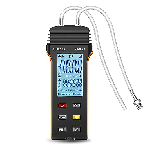 SURLABA Digitales Manometer, Differenzdruckmessgerät Messbereich 6PSI, Gasdruckmessgerät mit 11 Einheiten, Differential Pressure Gauge für Differenzdruck von 1-2 Rohren, Lüftung, HVAC