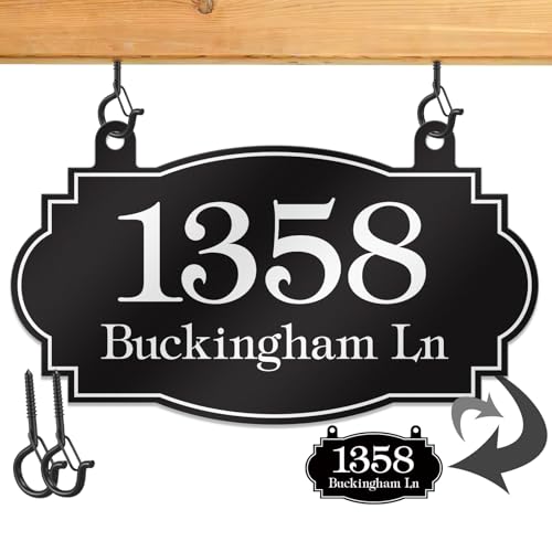 Image of Hanging Address Sign, Custom House Number Sign, Mailbox Numbers for Outside | 13 Inch Metal Address Plaques, Single or Double Sided, Super Reflective, Display Your Address and Street Name