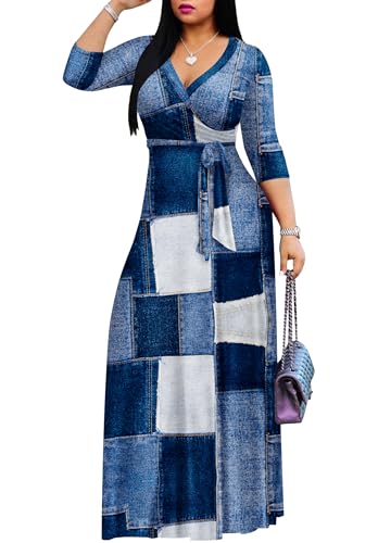 Image of FANDEE Plus Size Maxi Dress for Women Casual Summer Sundress V-Neck 3 /4 Sleeve