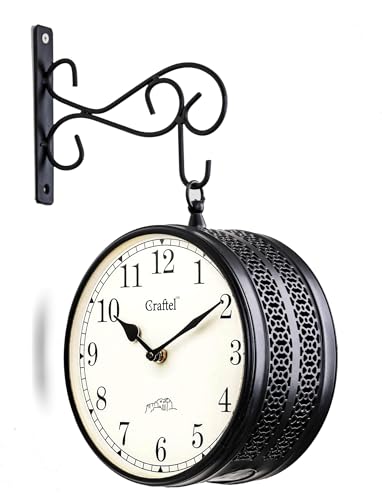 Image of CRAFTEL Double Sided Station Wall Clock Powder Coated Finish | Both Side English Numerals | Aluminum Matte-Finish Dial Brass Body | Dial - 8 Inches, Matte Black | 365 Days Warranty