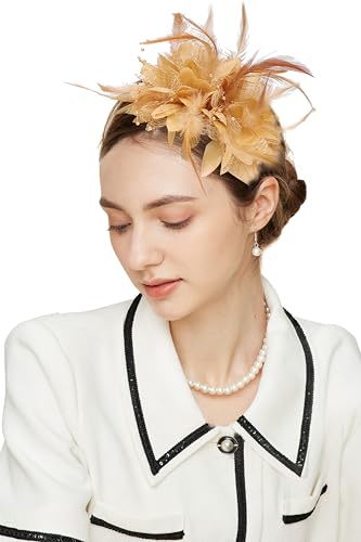 Gionforsy Women Fascinators Hats Feather Mesh Fascinator Headband Tea Party Hats Accessories for Women Wedding Cocktail (US Alpha One Size Gold)