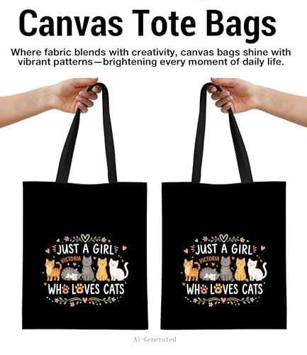 Image of Cute Cat Canvas Tote Bag for Women, Aesthetic Reusable Shoulder Bag for Shopping Travel Work