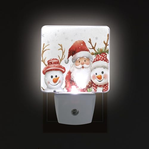 Image of Cute Christmas Snowman Santa Night Lights 2 Pack Plug-in Wall Led Nightlight Auto Dusk-to-Dawn Sensor Lamps for Bedroom Kitchen Bathroom