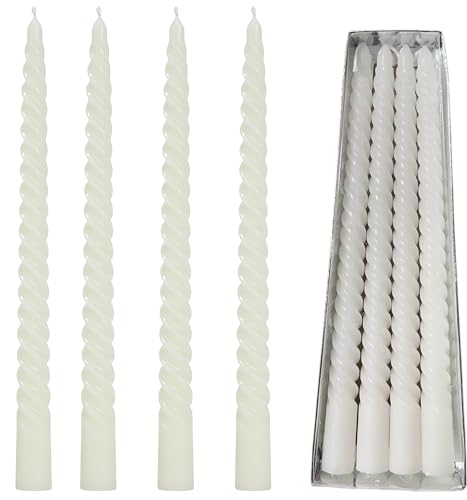 White Candles, Taper Candles DWUENT Elegant Spiral Design for Christmas Dinner, Home Decor, Romantic Ambiance, Unscented, Pack of 4 (25cm, Silver Gift Box)