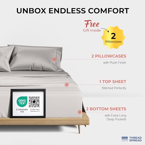 Image of THREAD SPREAD 100% Egyptian Cotton Sheets Queen Size - 1200 Series Plush Collection Damask Sheet Set Egyptian Cotton (4 PC, Silver Grey Stripe), Sateen Luxury Sheet Queen Size, 17 inch Deep Pocket