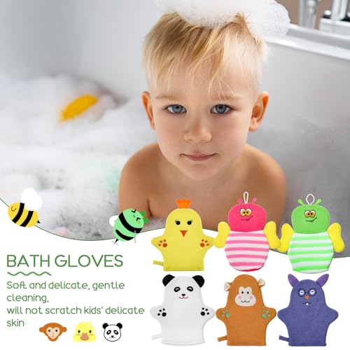 Sibba 6 Pcs Baby Bath Mitt Washcloths Gloves, Gentle Cute Exfoliating Wash Mitt Animal Pattern, Baby Mittens Bath Towel Glove Soft Scrub Toddler Wash Cloths Body Scrubber Bathing Loofah Infant Gloves - Thumbnail 6