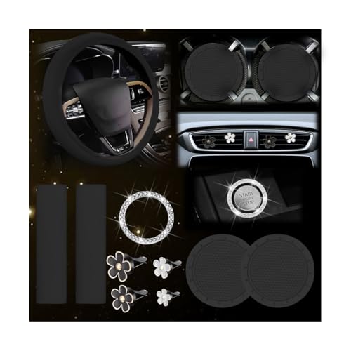 KHGUZ 10PCS Car Accessories Set Vehicle Steering Wheel Cover Seatbelt Protector Cup Holder Coaster Push Start Button Cover Flower Auto Air Vent Clip Universal for SUV Truck RV (Black)