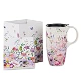 Topadorn Ceramic Coffee Mug for Home & Office, 17oz. Porcelain Latte Travel Cup with Lid and Color Box, Pink Flower Art Tea Mug with Handle, 6.5