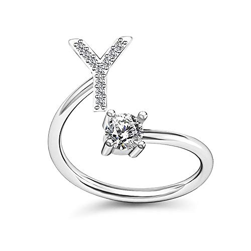 Image of HUJUON Silver Initial Letter Ring for Women. Adjustable Crystal Alphabet Ring,Name Initials Stackable Knuckle Rings A-Z CZ Open Ring