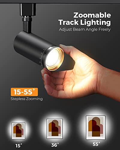 Vanoopee 3-Color Zoomable J Type Track Lighting Heads 10W For Juno Rail - Bright Led Track Light Heads Fixtures 3000K 4000K 5000K Ceiling Spot Accent Light, No Flicker Cri90+ 15-55° 800Lm Black 4 Pack #TOP1