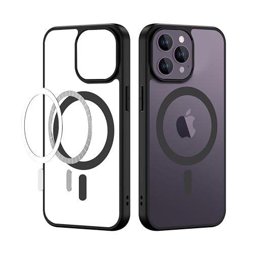 Image of CEDO Cover for iPhone 14 Pro Max | Compatible with MagSafe Wireless Charging | Designed with Magnetic Lock Shockproof Phone Bumper Transparent Back Case Cover (Black)