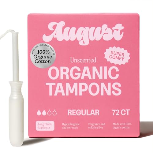 August Regular Tampons - 72-Pack 100% Organic Cotton Tampons for Women and Anyone Who Menstruates, Non-Toxic, Fragrance-Free, and Hypoallergenic with Long Applicators (3 Boxes of 24)