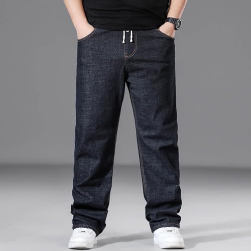 Men Casual Straight Leg Denim Pants, Classic Elastic Waist Drawstring Sports Jean Pants Stretch Loose Trousers with Pockets2