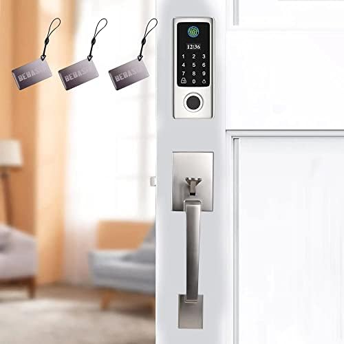 BEBASIA Fingerprint Door Lock with Handles, Keyless Entry Door Lock, Smart Door Lock, Electronic Keypad Deadbolt, Front Door Lock Handle Sets (Satin Nickel)