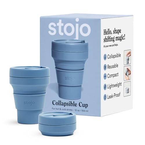 STOJO On-The-Go Collapsible Coffee Cup - 12oz / 355ml - Reusable & Foldable Silicone Travel Mug with Lid - Portable Pocket Size - Dishwasher Safe - Steel Blue