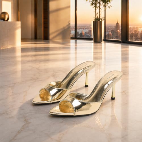 Image of On feet& in love Women's Slip-On Stiletto Heel Mule Sandals, Peep Toe, apricot, 2.95 Inch Heel, Casual Party Wedding Slides