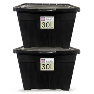 Neat. 30L Storage Boxes with Lids - Black Base & Hinged Lid Ideal for Home Organisation, Durable Plastic Containers, Space-Saving Box Storage Solutions, Plastic Box with Lid for Easy Access, Pack of 2