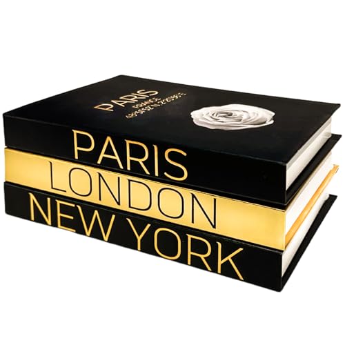 AZEZO Set of 3 Decorative Books for Home Decor Decorative Hardcover Display Faux Books for Bookshelf and Coffee Table Black and Gold Foiled Paris London New York Themed