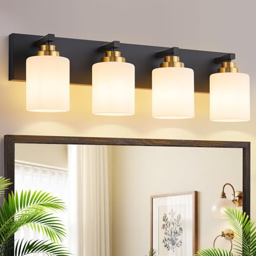 Image of Vanity Lights for Bathroom, 4-Light Black and Gold Bathroom Vanity Light Over Mirror with Milky White Glass Shades, Modern Bathroom Light Fixtures for Living Room Hallway Cabinet (Bulbs Not Included)