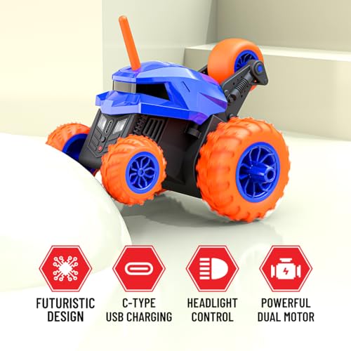 Image of Mirana Warrior 360 Degree Rotating Stunt RC Car Toy for Kids | High Speed Steering Remote Control Vehicle | USB Type-C Rechargeable for Boys and Girls | Made in India (Blue)