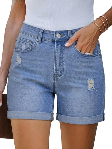 Bosmeer Women's Mid-High Waisted Ripped Denim Shorts Distressed Stretchy Jean Shorts Rolled Hem Casual Summer Jorts 2026 Fashion Trendy
