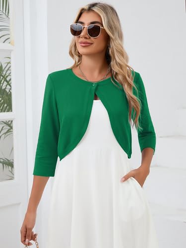 Heymoments Women's Thin Shrugs for Dresses Deep Forest X-Large Open Front 3/4 Sleeve Knit Lightweight Crop Cardigan Dressy Cropped Tops Coat Sweater Clothes — view 2