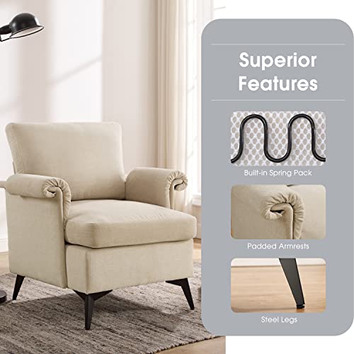 Volans Home Mid-Century Modern Accent Chair, Upholstered Line Armchair With Solid Frame, Comfy Retro Leisure Chair Reading Chair For Living Room, Bedroom, Offwhite #TOP4