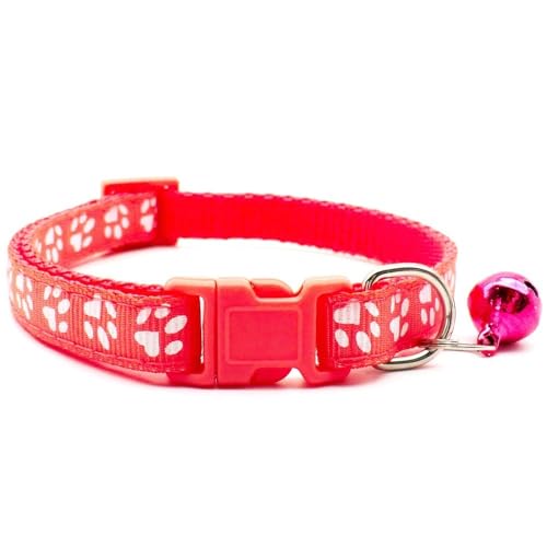 Doggie Style Store Collar pequeño y mediano para perro, cachorro, mascota, 2 tamaños, diseño de huellas de patas con campana, nailon, ajustable, rojo, rosa, sandía, talla S