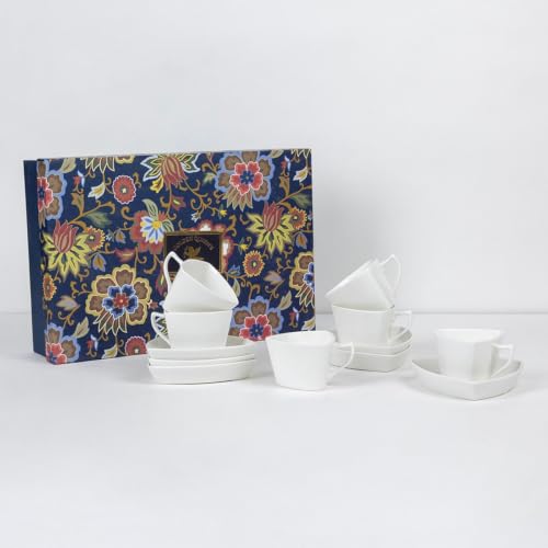 Image of GOLDEN QUEEN'S Cup & Saucer Set | Perfect for Hosting & for Tea /Coffee Lovers | Handcrafted in India | 6 Cups & 6 Saucers |170 ml - Set of 12 pcs - Origami White