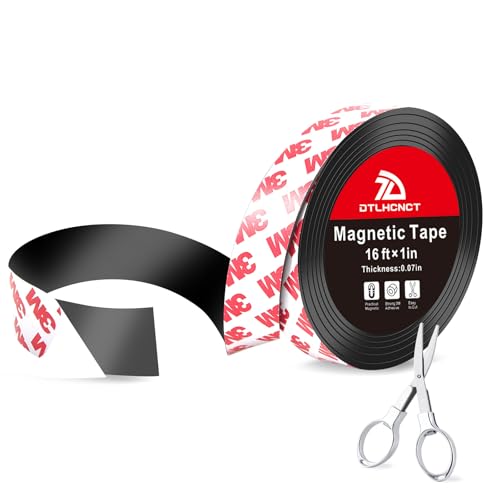 DTLHCNCT Magnetic Tape - 16 ft x 1 inch Magnet Strip Tape Roll with Strong Adhesive Backing,Magnetic Strip for Kitchen, Office, School Organization, Whiteboards,Fridge(0.07' Thick)