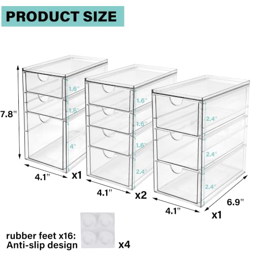 Image of Prsildan Acrylic Desk Organizers with 14 Drawers, Stackable Makeup Storage | Anti-slip Clear Storage Bins, Vanity Organizer for Craft Bead Crayon Nail, Bathroom Kitchen Office Organization, 4 Pack
